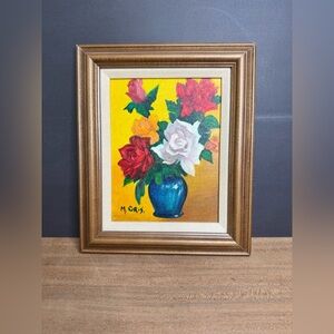 Gorgeous Vintage Still Life Oil Painting By M. Gris Bouquet of Roses Art Work